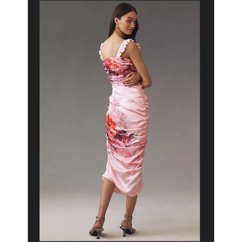 BHLDN Callie Sleeveless Ruched Printed Charmeuse Midi Dress Size US M - Picture 4 of 9